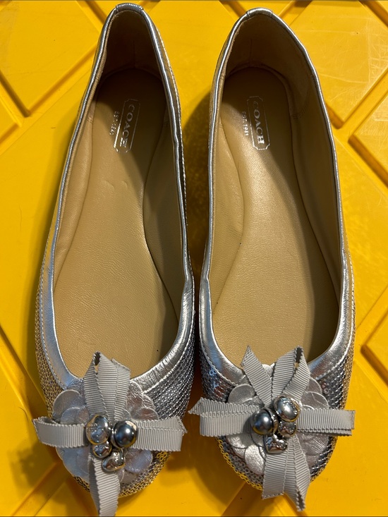 Coach Shoes - COACH Silver Metallic Women's Ballet Flats with Bow & Jewel Accent